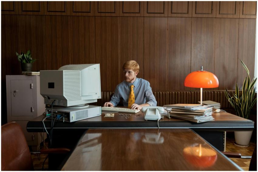 Vintage office environment with a man working on a
