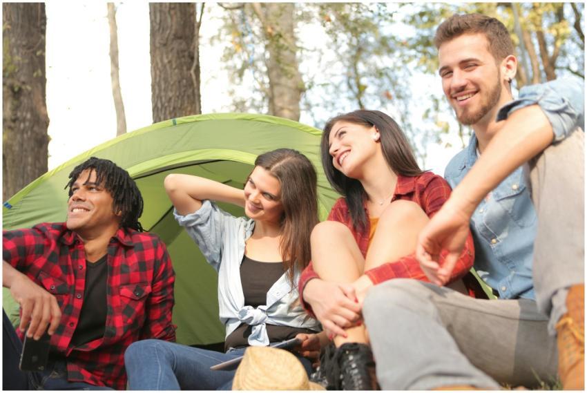 A diverse group of friends enjoying a sunny campin