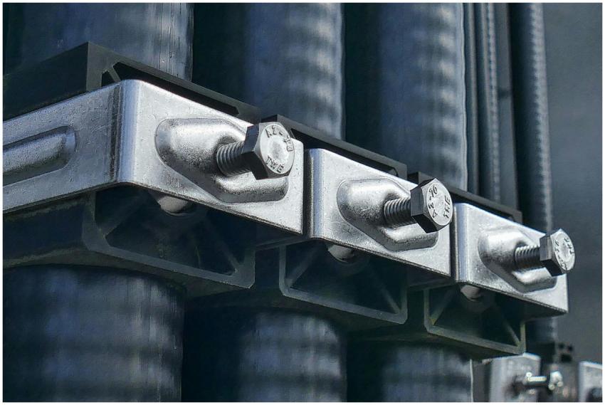 Detailed macro shot of metal bolts securing indust