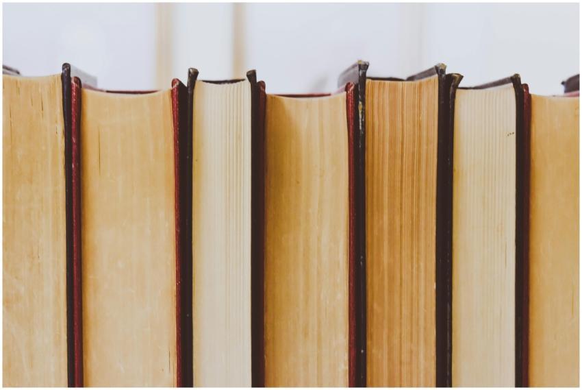 Close-up view of vintage book bindings in a librar