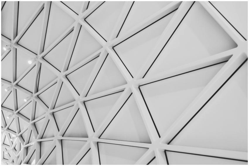 An intricate ceiling design featuring modern geome