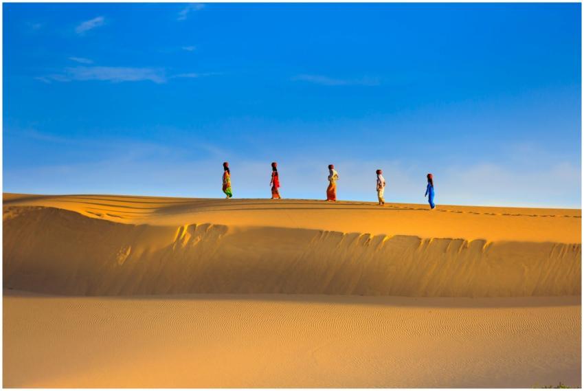 A group of people walking across golden sand dunes