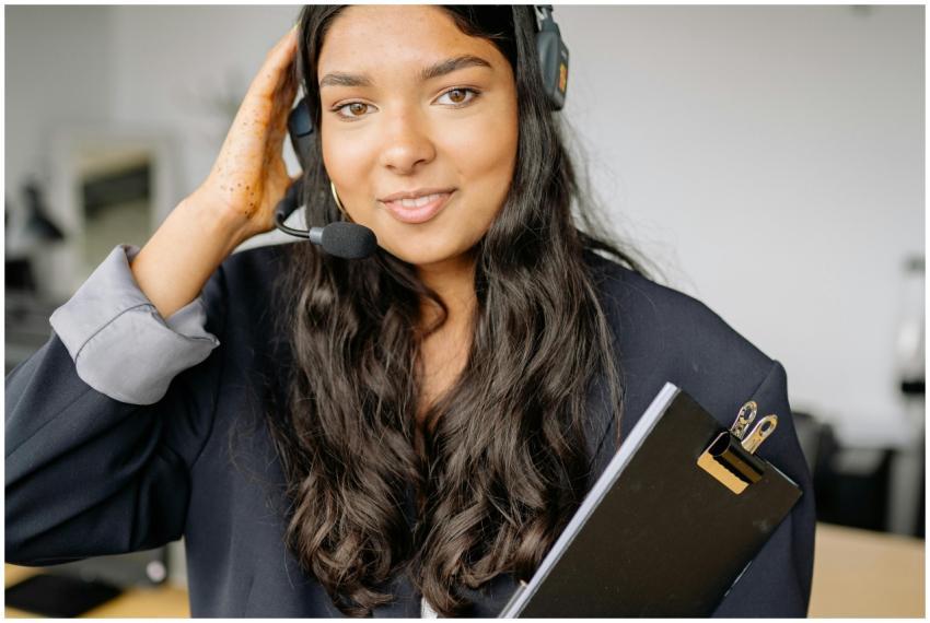 Smiling female call center representative with a h