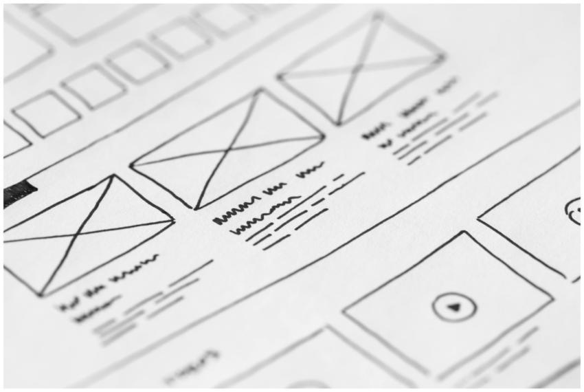 Detailed close-up of a hand-drawn wireframe design