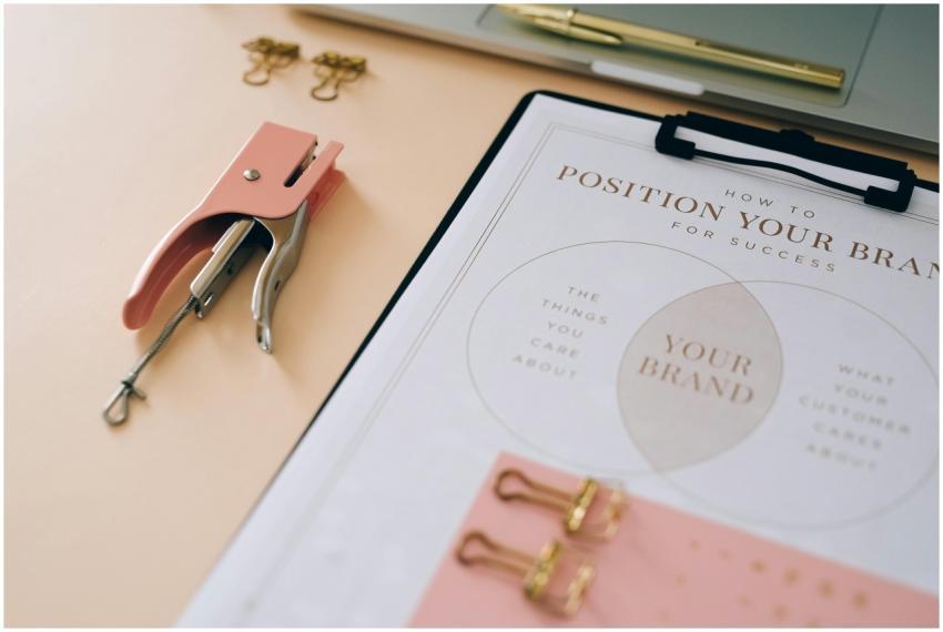 Pink stapler and branding document on a desk showc