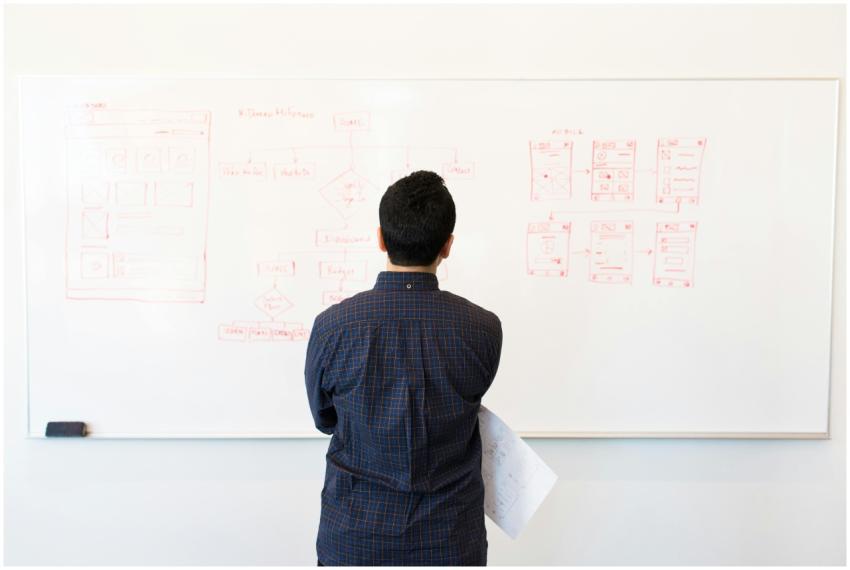 Man analyzing design flowchart on whiteboard in a