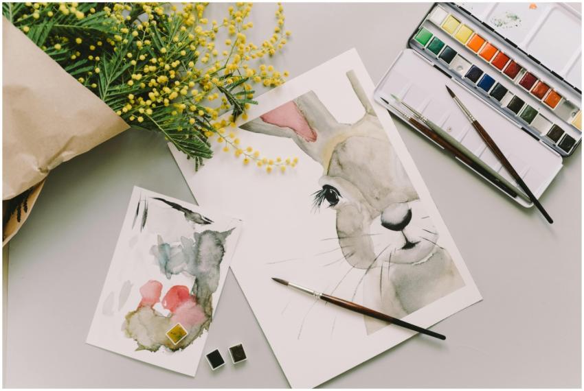 A creative flatlay featuring watercolor paintings