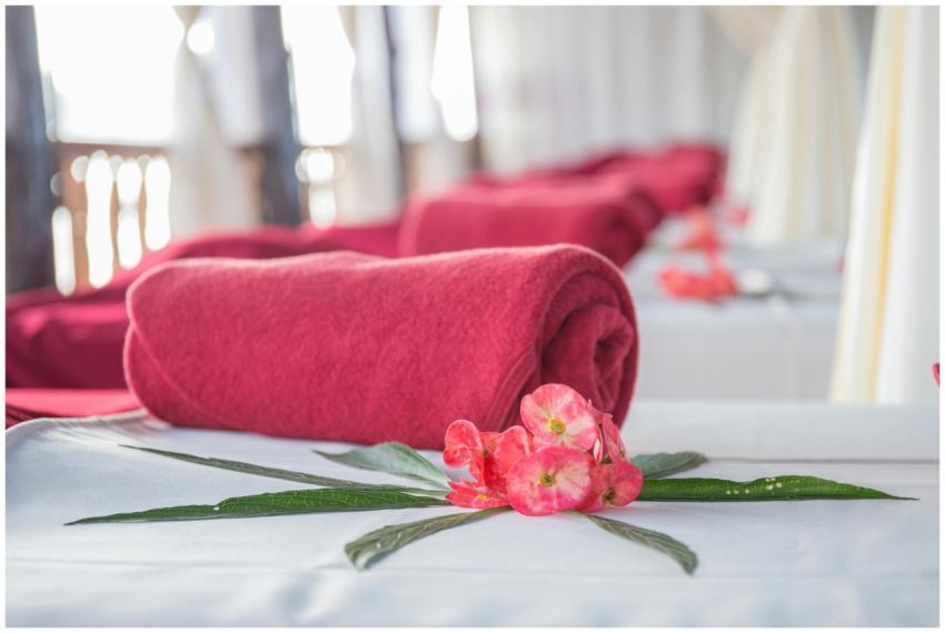 Elegant spa interior featuring red rolled towels a