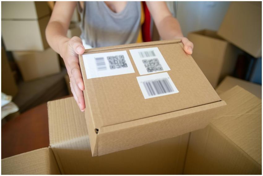 Close-up of a person holding a cardboard box with