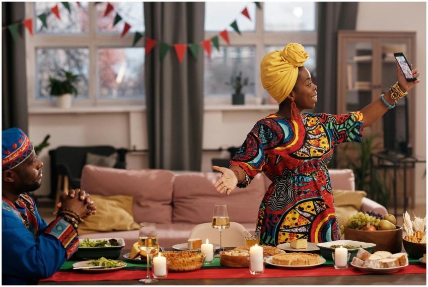Festive Kwanzaa dinner with family video call, fea