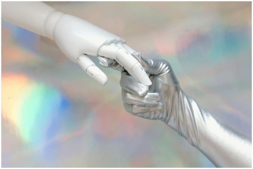 Close-up of a robot hand and silver-gloved hand to