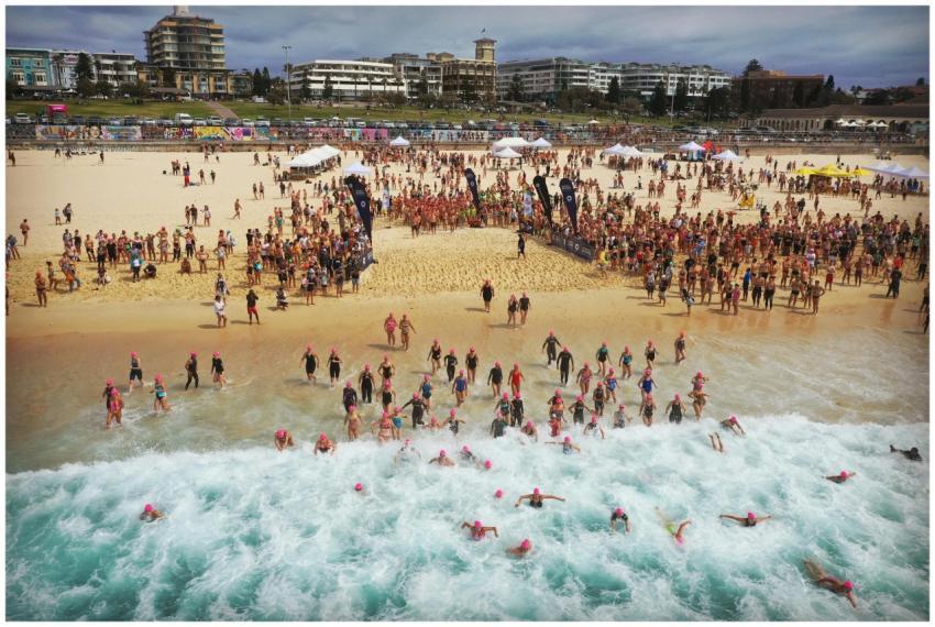 A vibrant beach swim event with swimmers diving in