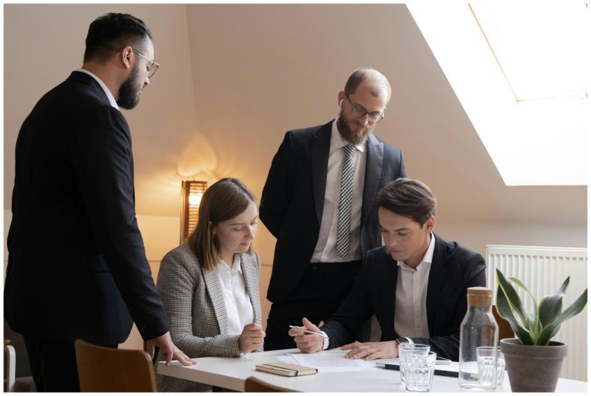 A diverse business team in suits reviewing documen