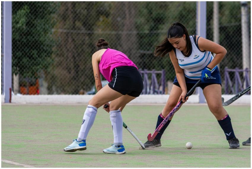 Intense game of field hockey with two women compet
