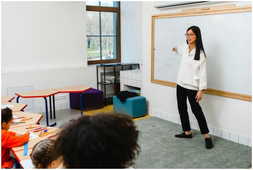 Female teacher instructing a group of diverse stud