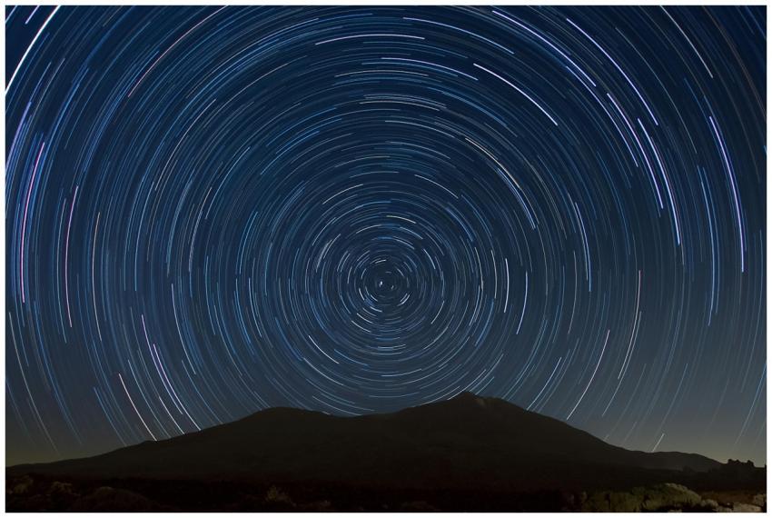 Long exposure of star trails over Mount Teide, cap