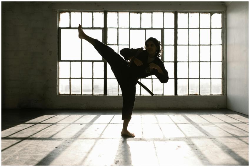 Martial artist performing a high kick in a sunlit