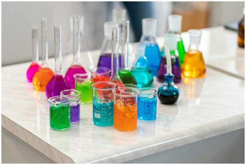 Vibrant laboratory glassware with colored liquids