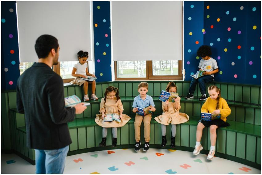 Preschool teacher leading storytime with children