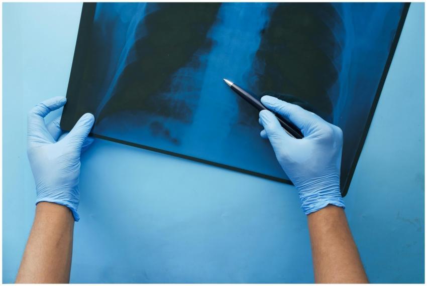 A doctor in blue gloves examines a chest x-ray wit