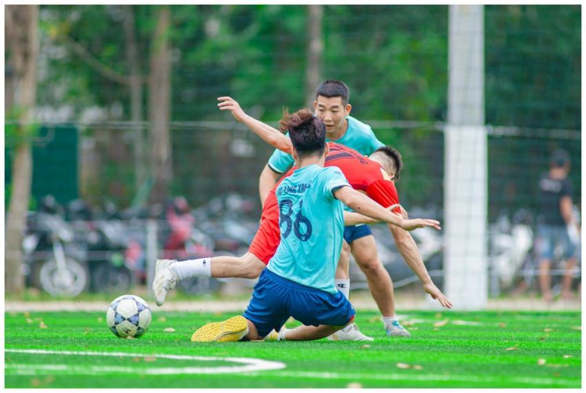 Intense soccer game with players vying for the bal