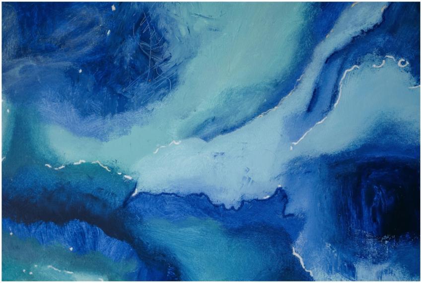 A dynamic abstract painting featuring swirling blu