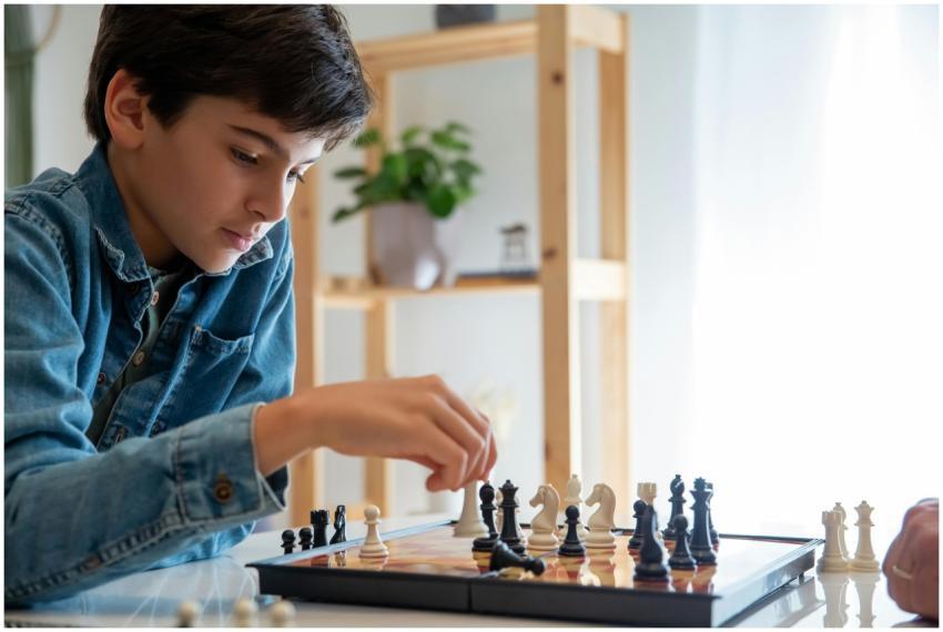 Young boy deeply focused while playing chess indoo