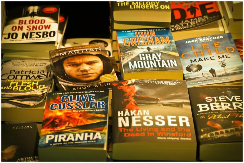 A collection of bestselling thriller novels promin