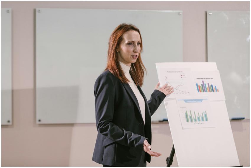 Confident businesswoman delivers presentation with