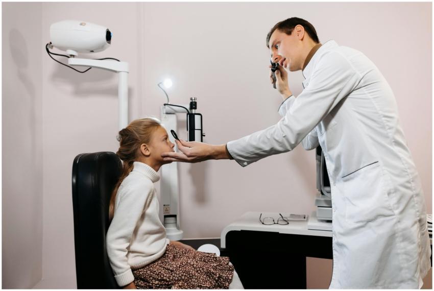 A medical professional performs an eye exam on a y