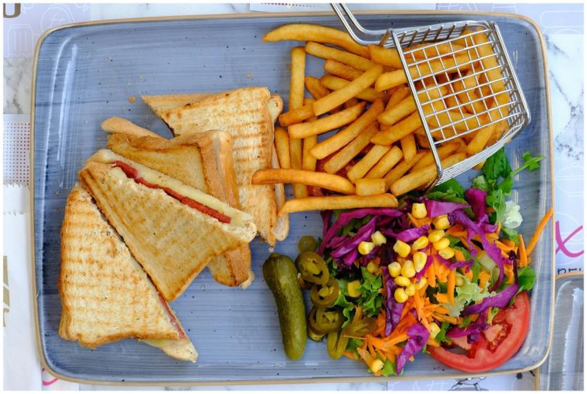 A vibrant plate featuring grilled sandwiches, gold