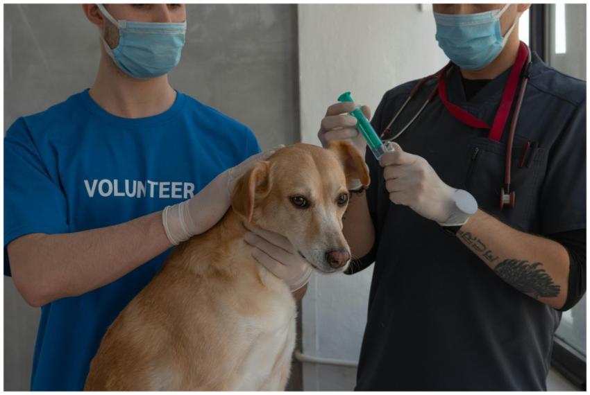 Vet administers injection to dog with volunteer as