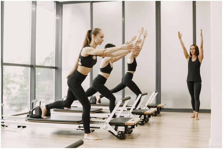 Group of women practicing Pilates in a bright stud