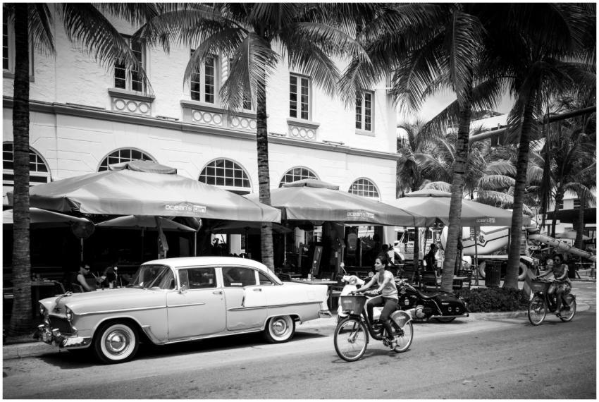 Black and white scene in Miami street with vintage