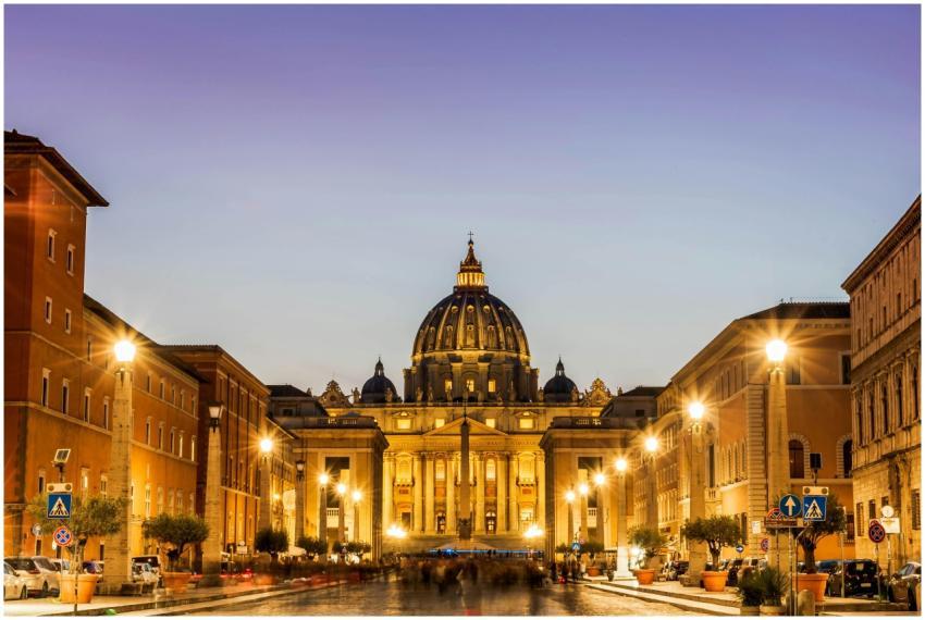 Dramatic view of St. Peter's Basilica illuminated