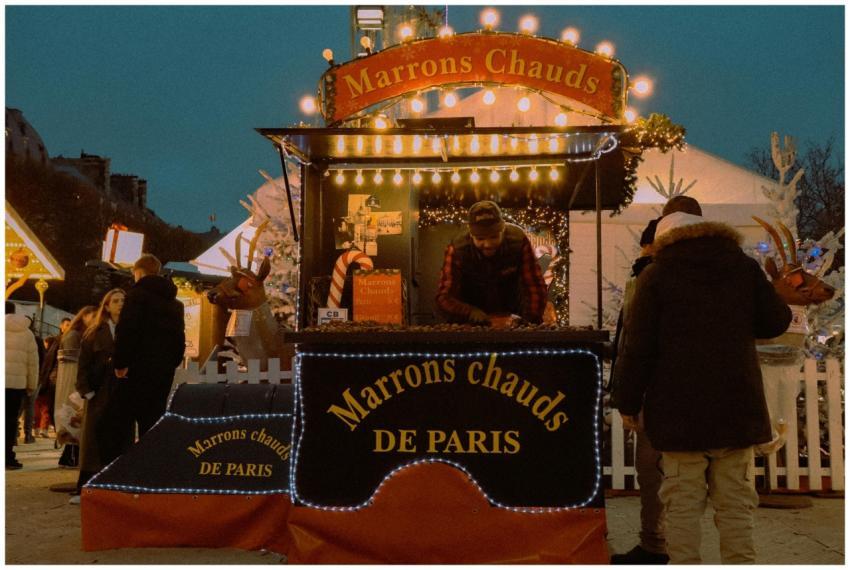 Paris Christmas market with Marrons Chauds stall u