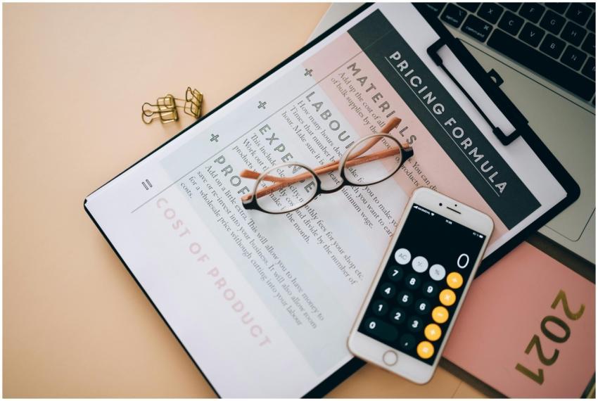 Overhead view of business tools including a phone