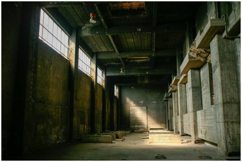 Explore an eerie, deserted industrial warehouse wi