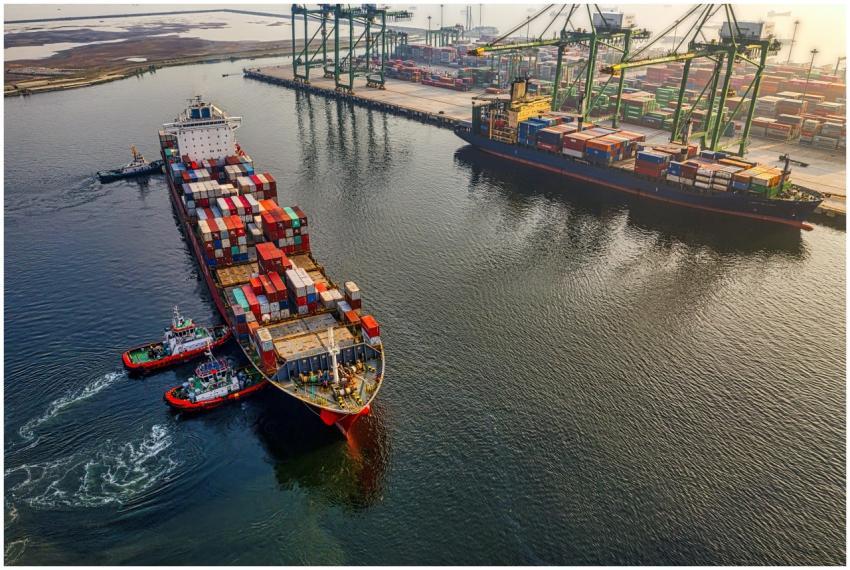 Aerial shot of cargo ships and cranes at North Jak
