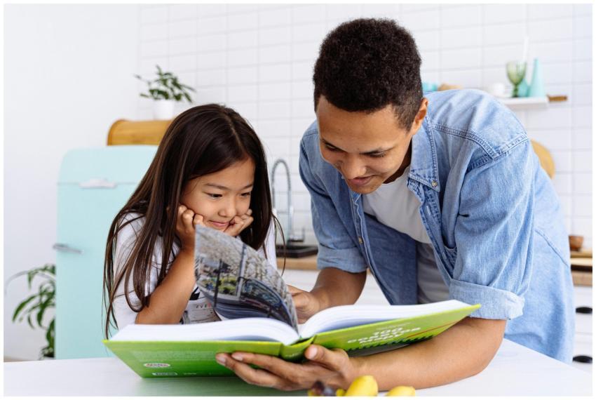 A father and daughter enjoy quality time reading a