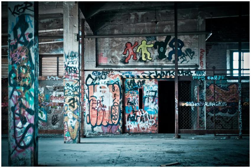 Colorful graffiti art on the walls of an abandoned