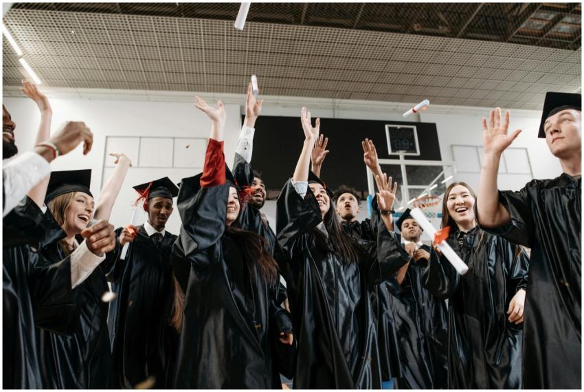 Graduation celebration with diverse students in bl