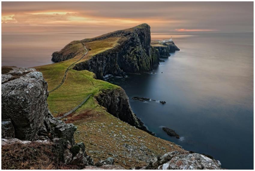 A stunning sunset view of Neist Point Lighthouse w