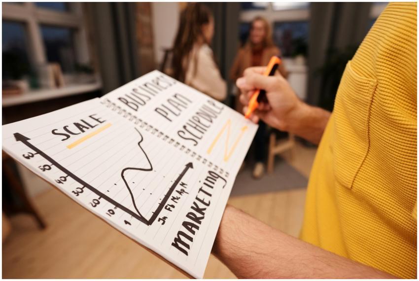 Close-up of a business notebook with marketing pla