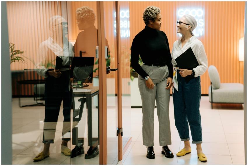 Two professional women discussing in a modern offi