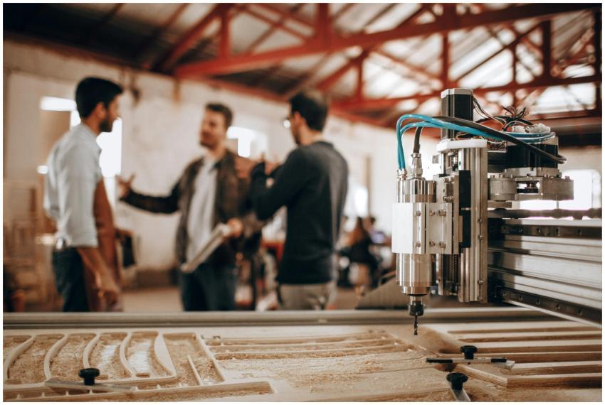 Three men discussing work in a woodworking shop wi