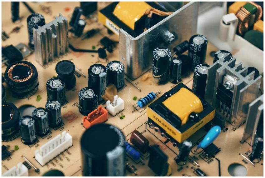 Detailed shot of capacitors and resistors on a cir