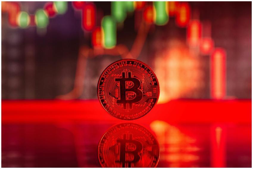 Close-up image of a Bitcoin coin with trading grap