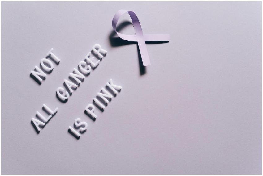Cancer awareness poster with a purple ribbon on a
