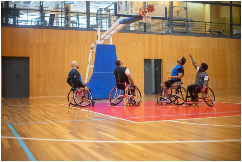 Athletes playing wheelchair basketball in a sports